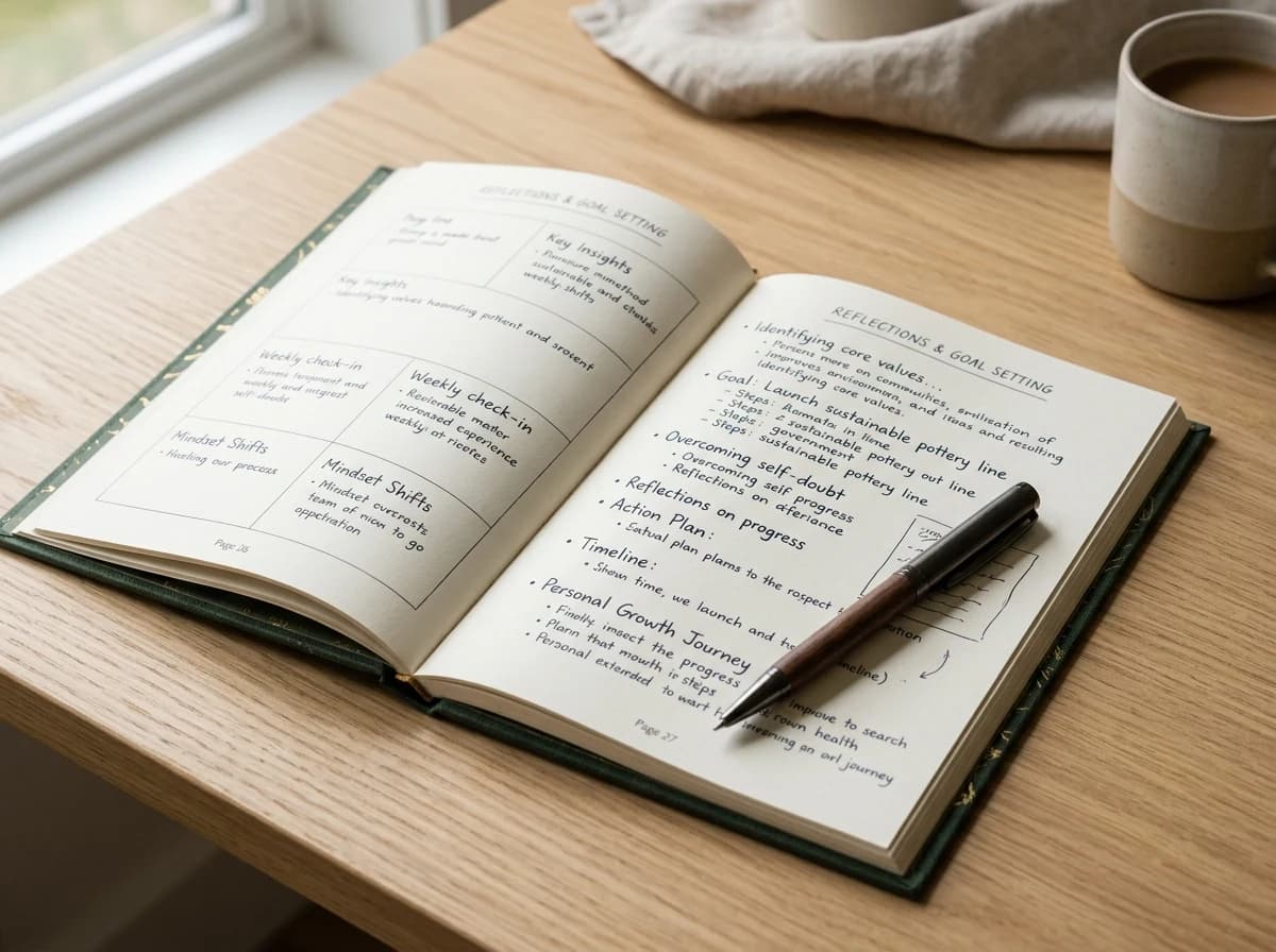 Open coaching workbook with handwritten notes and a pen on a clean desk, bathed in soft light.