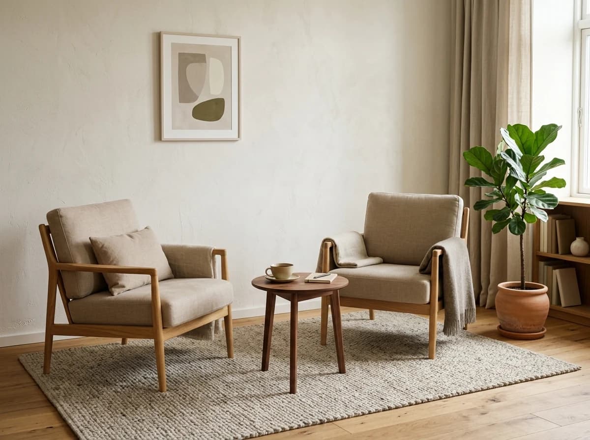 Tranquil, modern coaching office with comfortable seating, natural light, and subtle motivational decor.