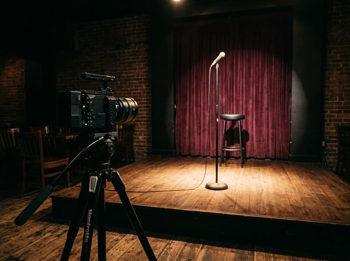 An unbranded cinema camera on a tripod filming an empty intimate comedy stage with a microphone and a warm spotlight.