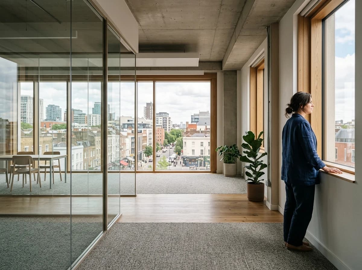 An airy vacant commercial office with broad windows, glass meeting rooms, quality carpet and a view of a fictional city neighborhood.