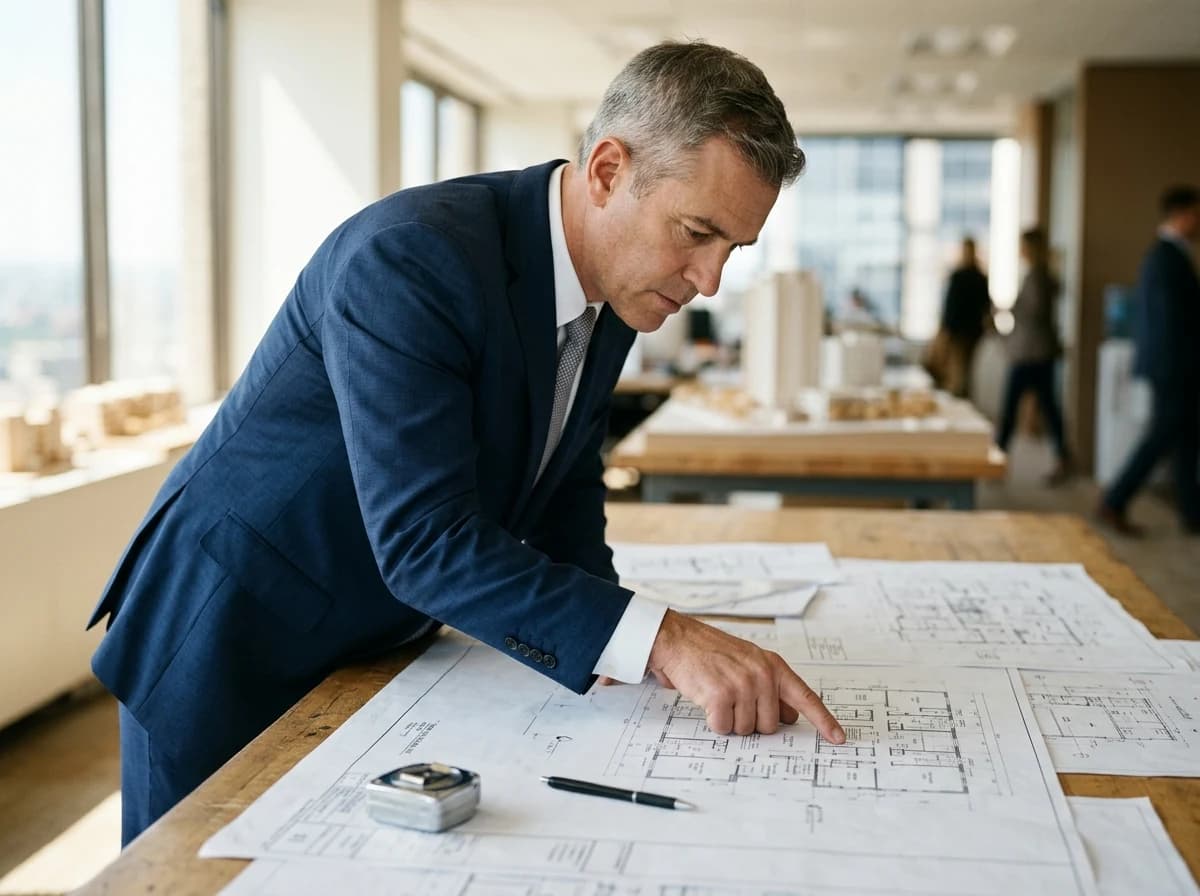 Commercial real estate broker reviewing architectural blueprints on a large table.