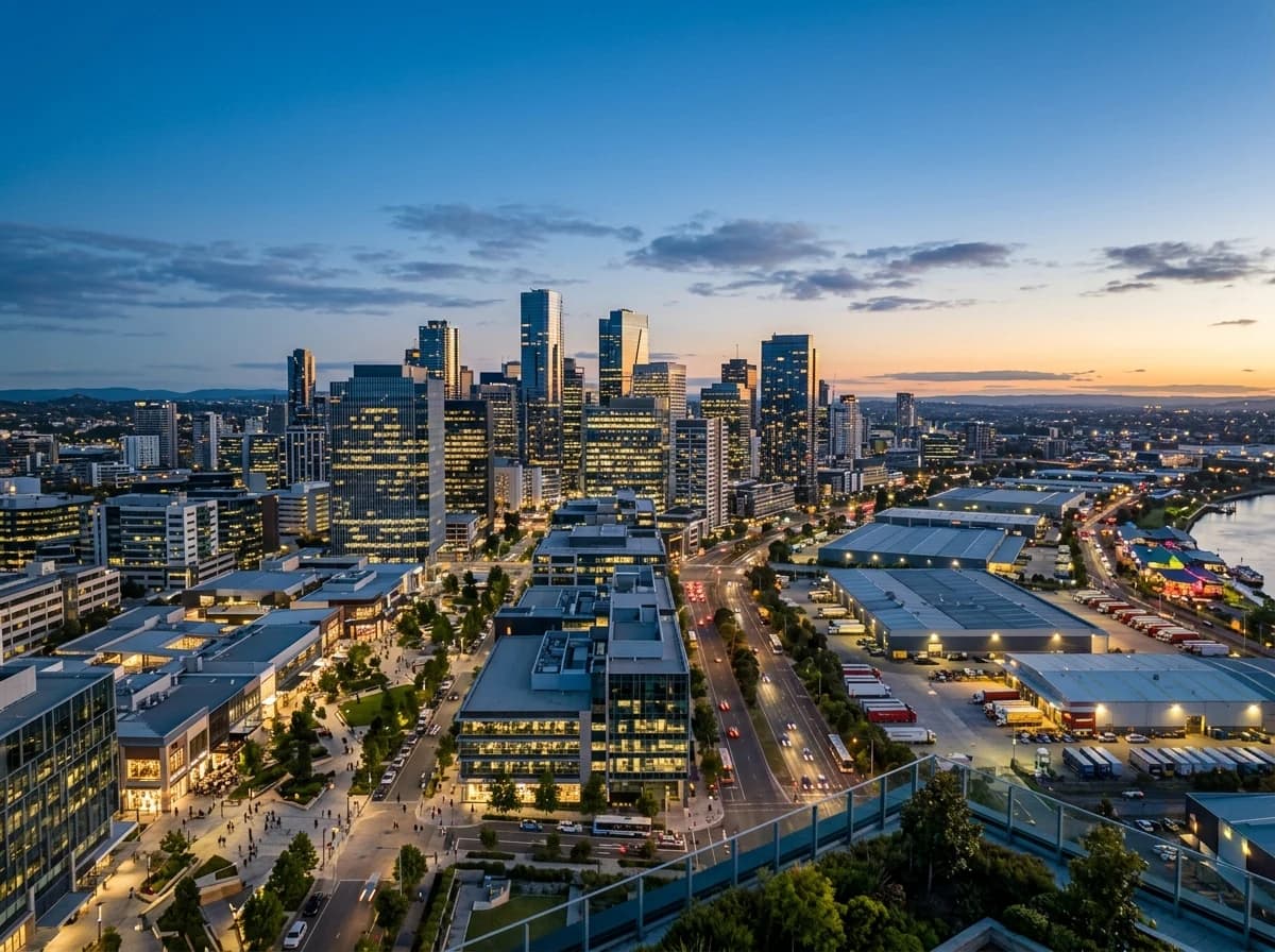 Modern city skyline dominated by various commercial real estate buildings at dusk.