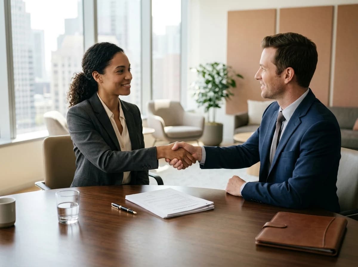 Two adults shaking hands over a signed commercial lease document.
