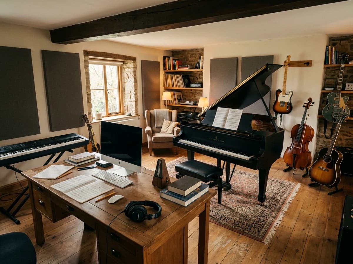 Wide shot of a professional home recording studio with a piano, desk, and various instruments.