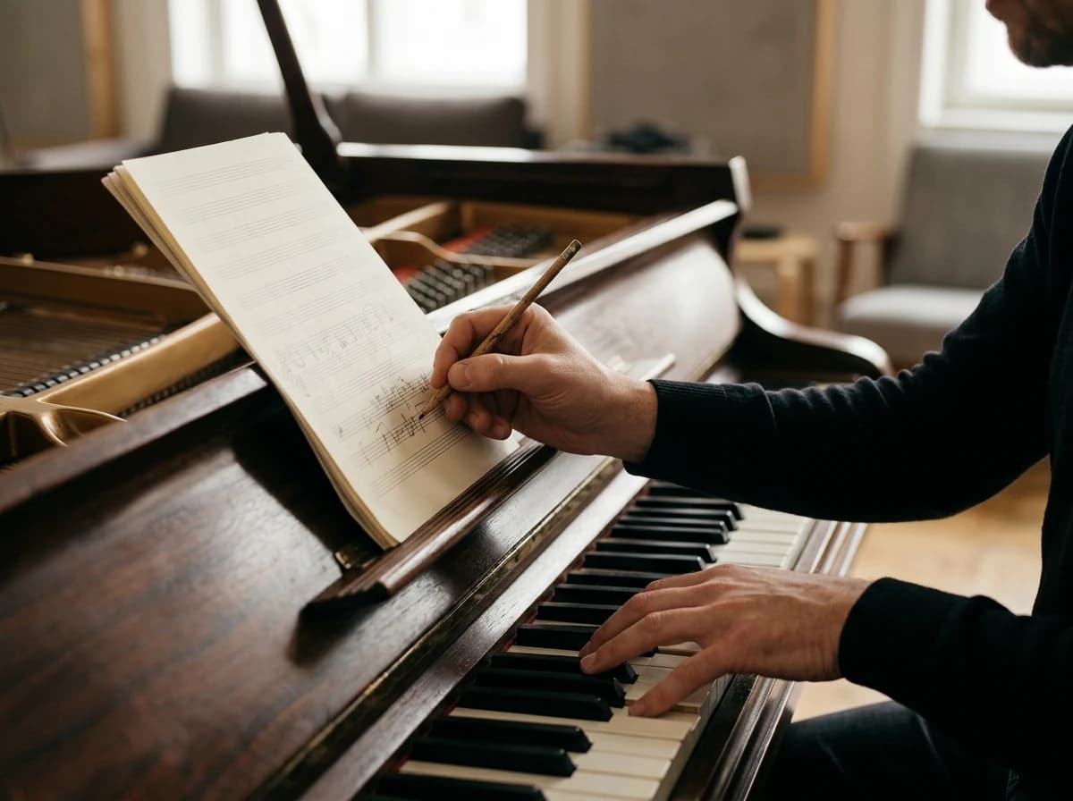Hands of a composer writing notes on a score while seated at a piano keyboard.