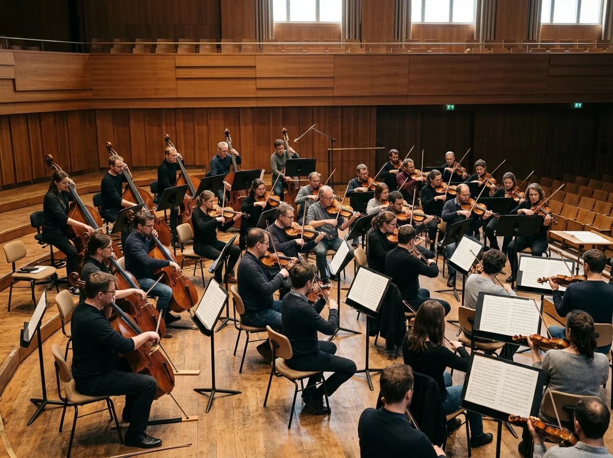 Orchestra musicians rehearsing in a concert hall, with various instruments and music stands.