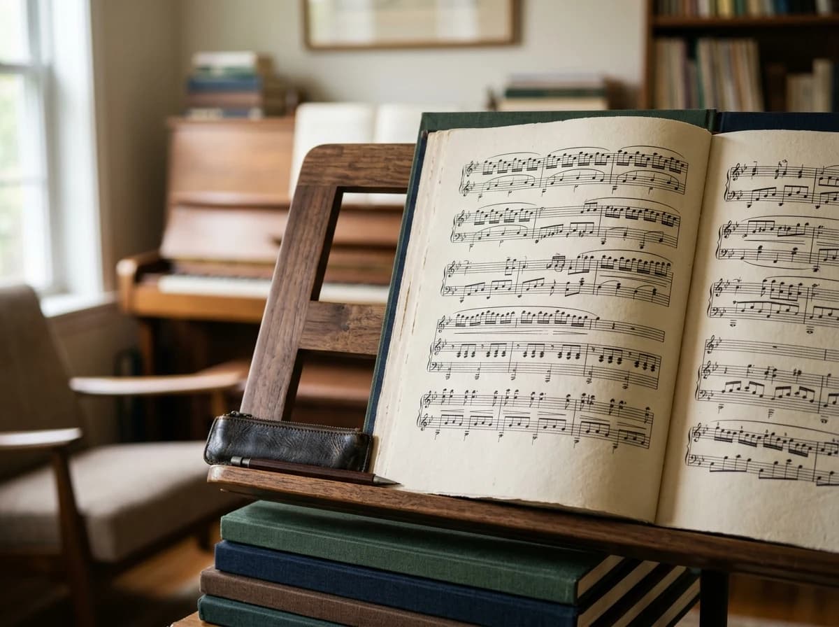 Close-up of elegantly printed sheet music and scores resting on a wooden music stand.