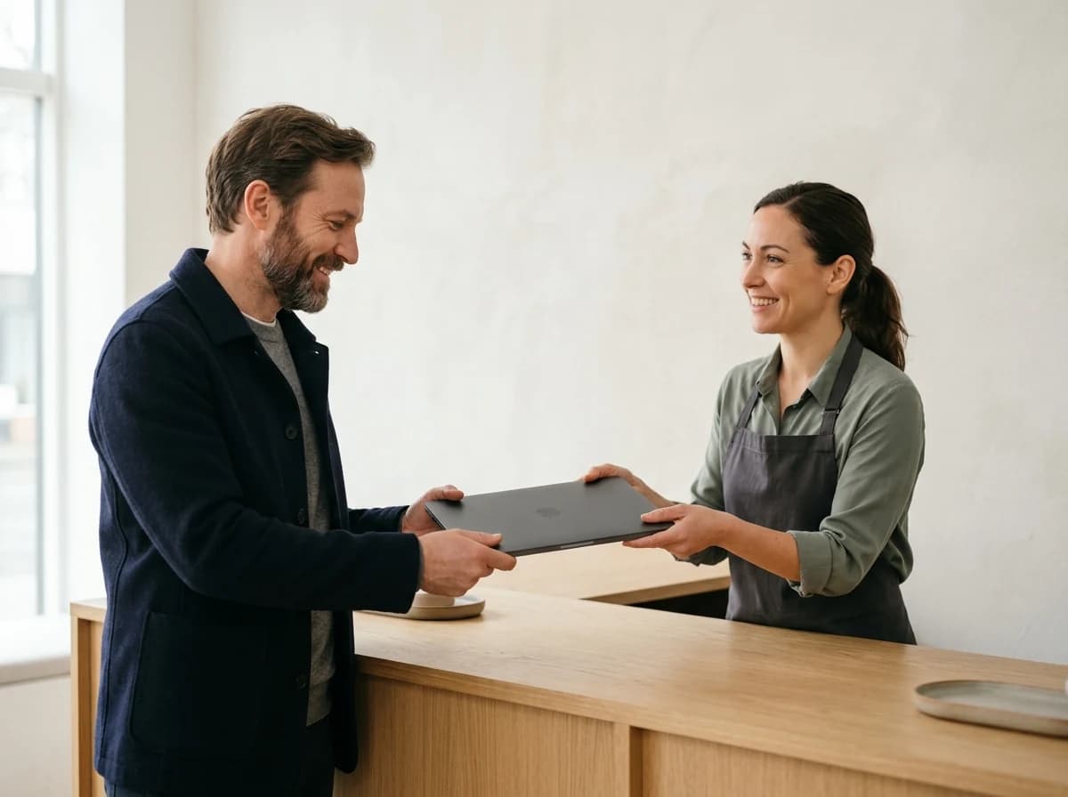 Adult customer receiving a repaired laptop from a friendly technician at a service counter.