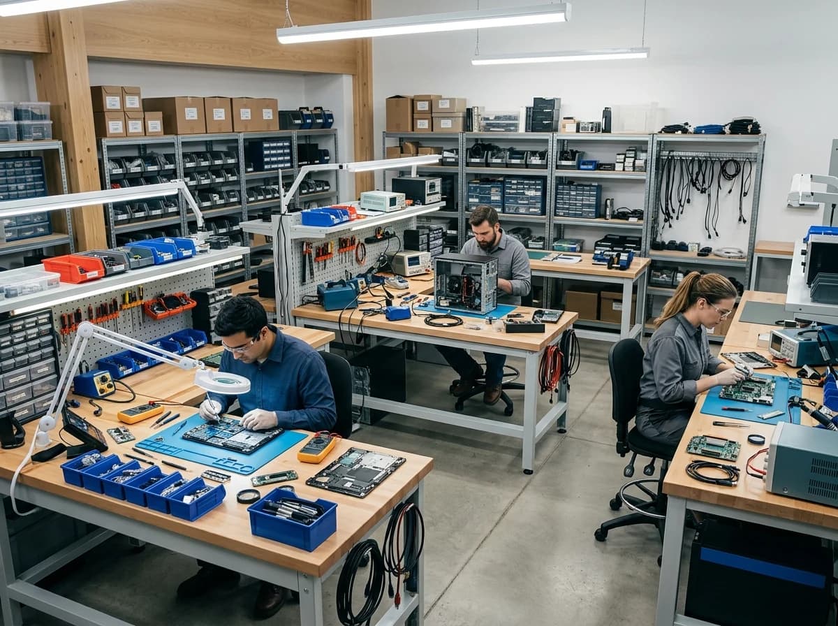 A clean, well-organized computer repair workshop with tools, spare parts, and neatly arranged workbenches.