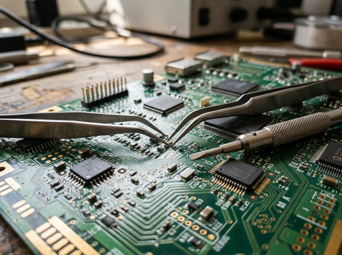 Close-up of precision tools, like tweezers and screwdrivers, resting on an intricate computer circuit board.