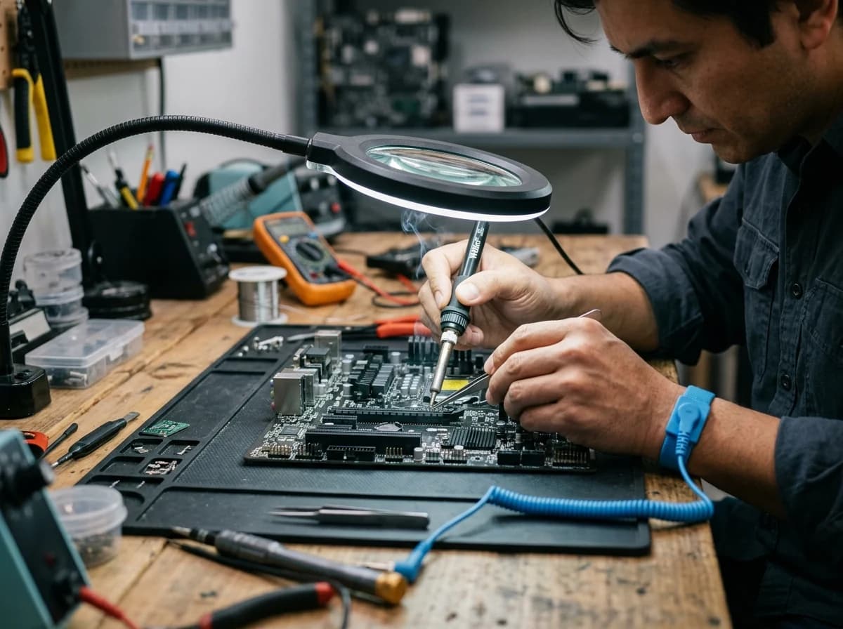 Adult technician's hands carefully working on a computer motherboard with small tools and a magnifying lamp.