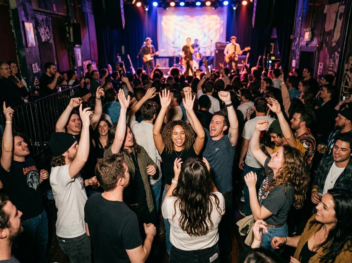 A diverse audience enjoying a live music performance, with hands raised and smiling faces, under atmospheric stage lights.