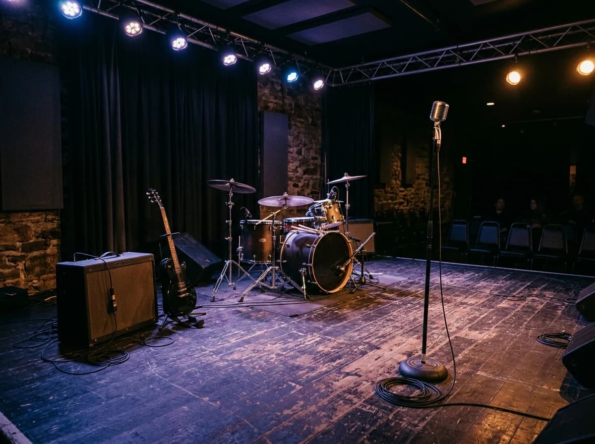 An intimate concert venue's empty stage, set with basic instruments and bathed in atmospheric stage lighting.
