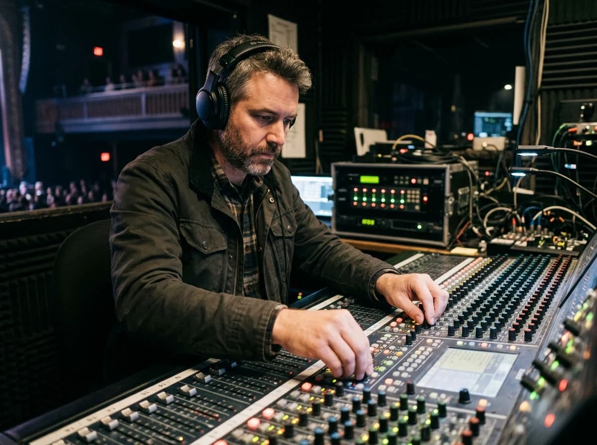 A focused sound engineer adjusting controls on a complex mixing board during a live soundcheck.