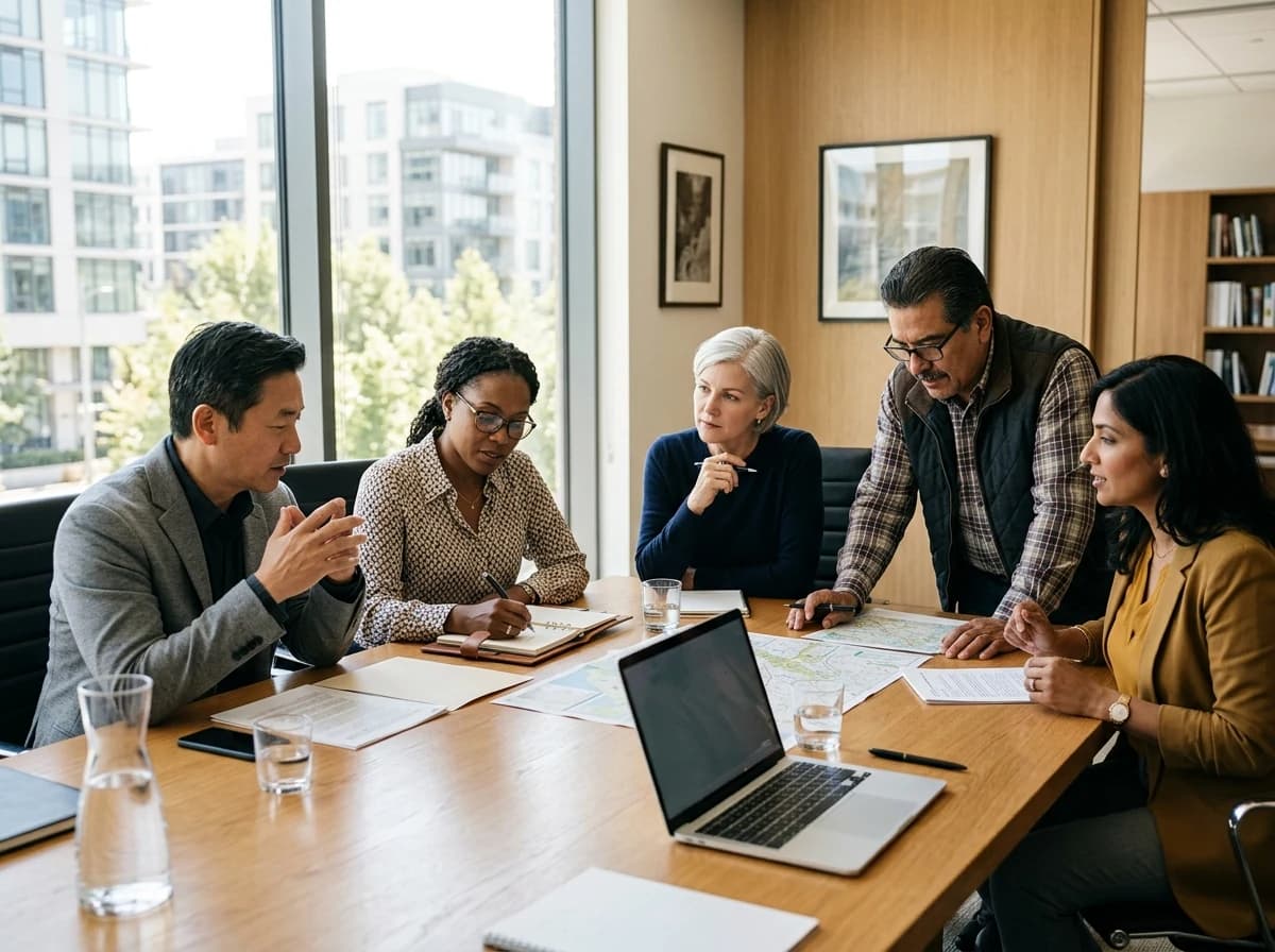 A diverse group of five adult condo association board members having a productive meeting in a conference room.