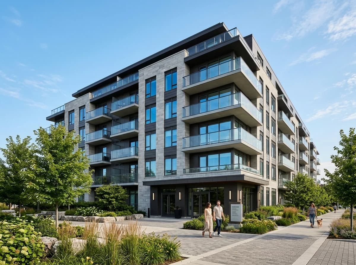 Sleek, modern multi-story condo building with balconies, well-maintained landscaping, and clear sky.