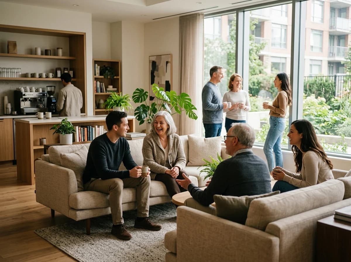 Happy condo residents, a mix of ages, socializing in a bright, modern common lounge area.