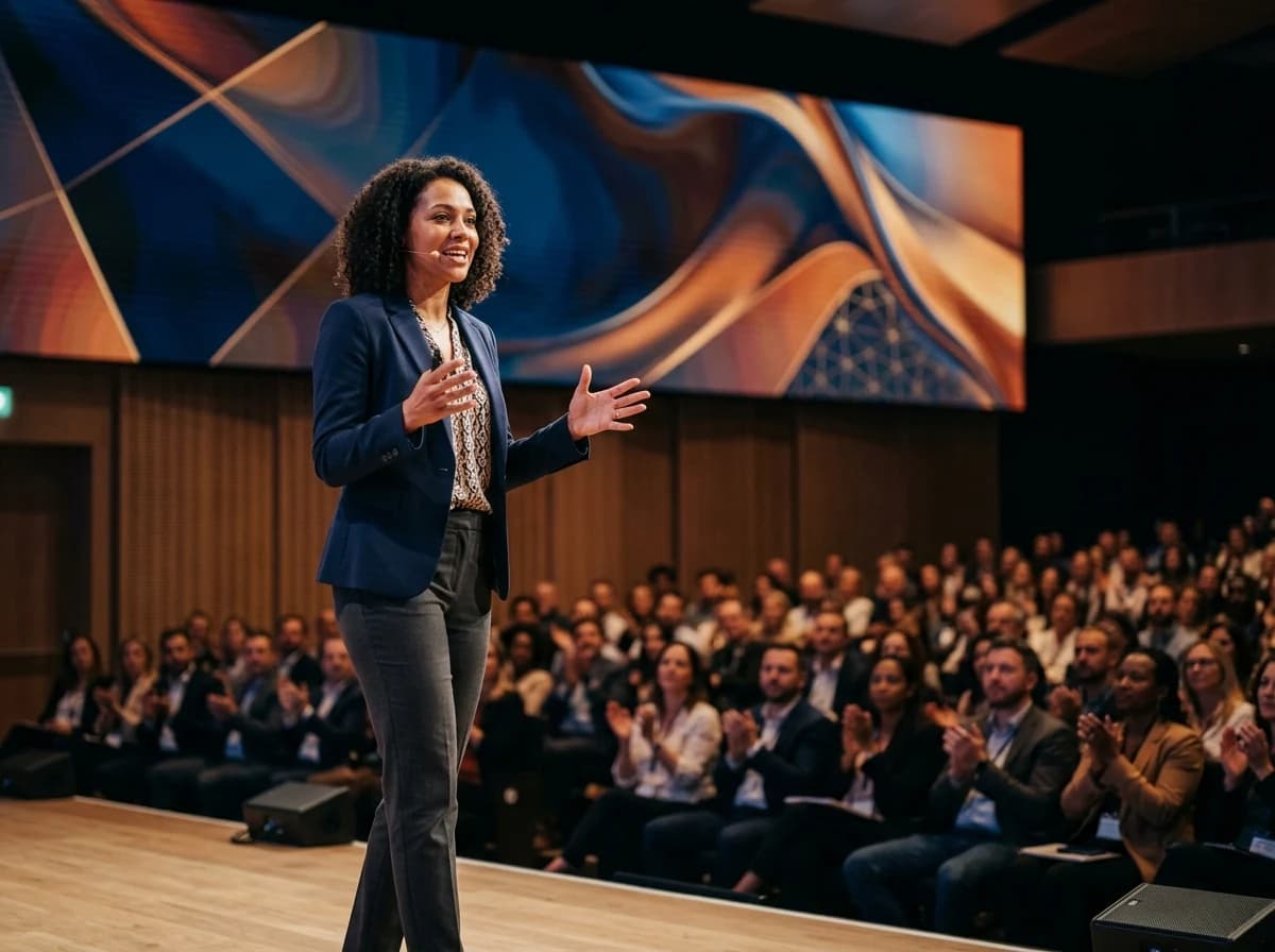Dynamic shot of a speaker presenting confidently on a large stage to a focused audience.