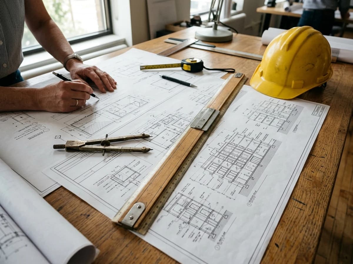Close-up of architectural blueprints spread on a table with measuring tools.