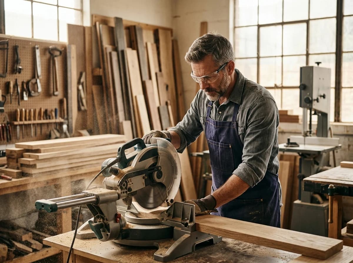 Skilled carpenter using a miter saw to precisely cut a piece of wood in a workshop.