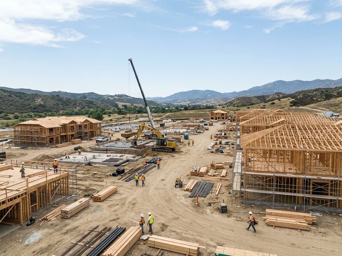 Wide view of a busy residential construction site with framing and heavy equipment.