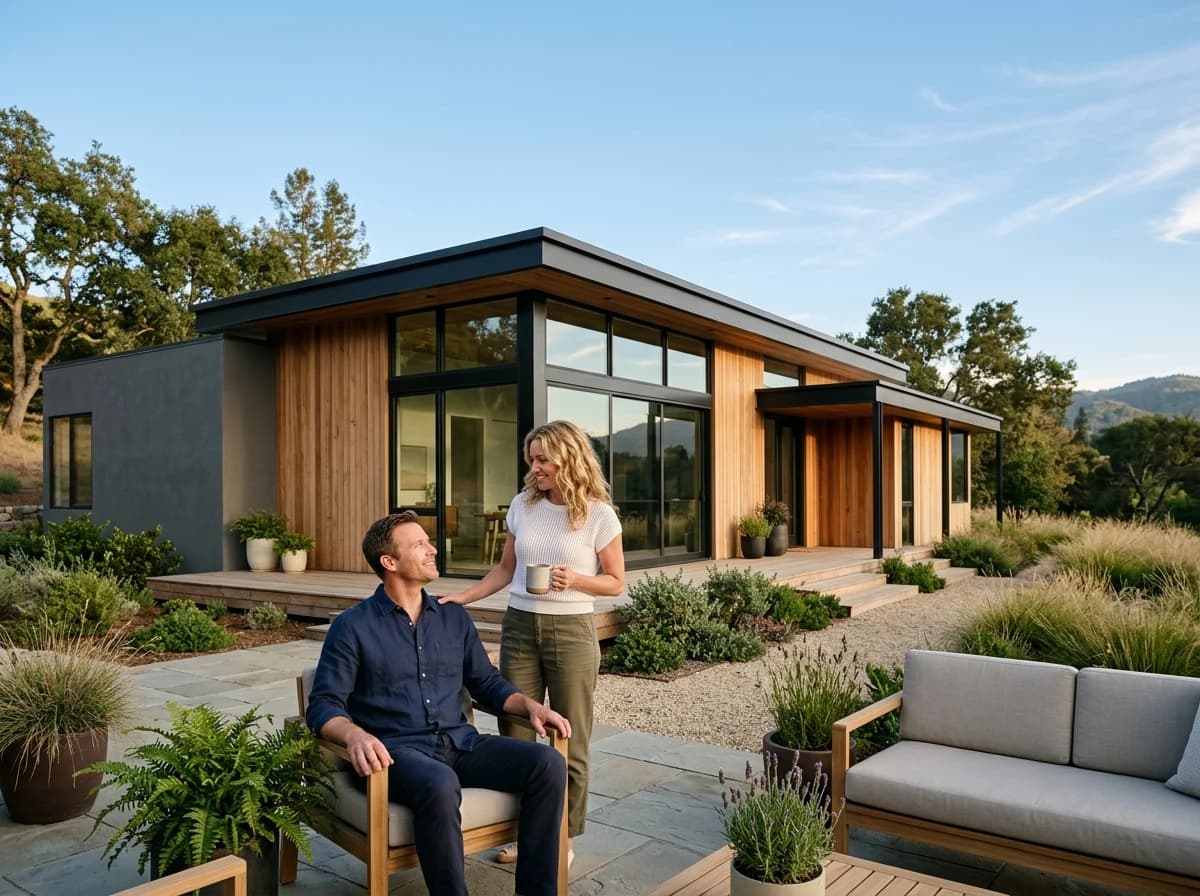 Exterior of a newly finished modern home with landscaping under natural light.