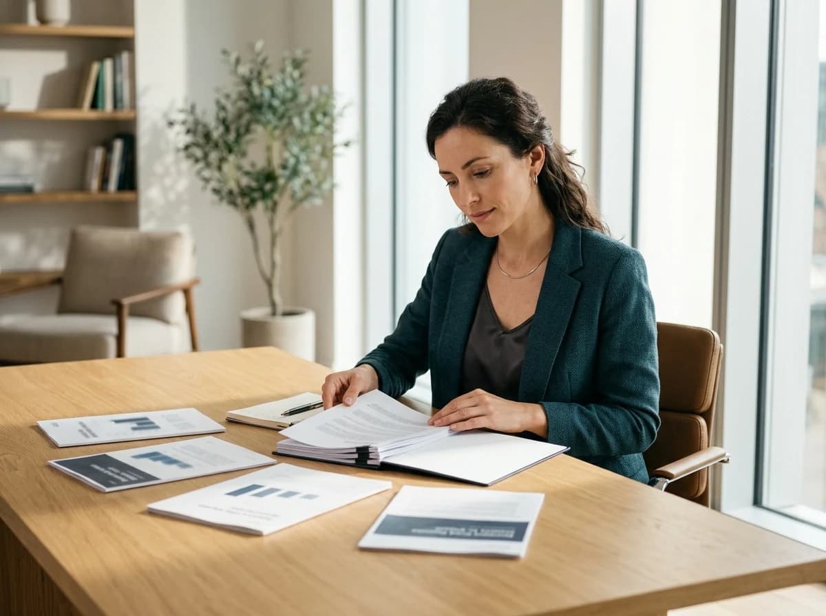 Adult client thoughtfully reviewing physical business proposals and reports at a well-lit desk.