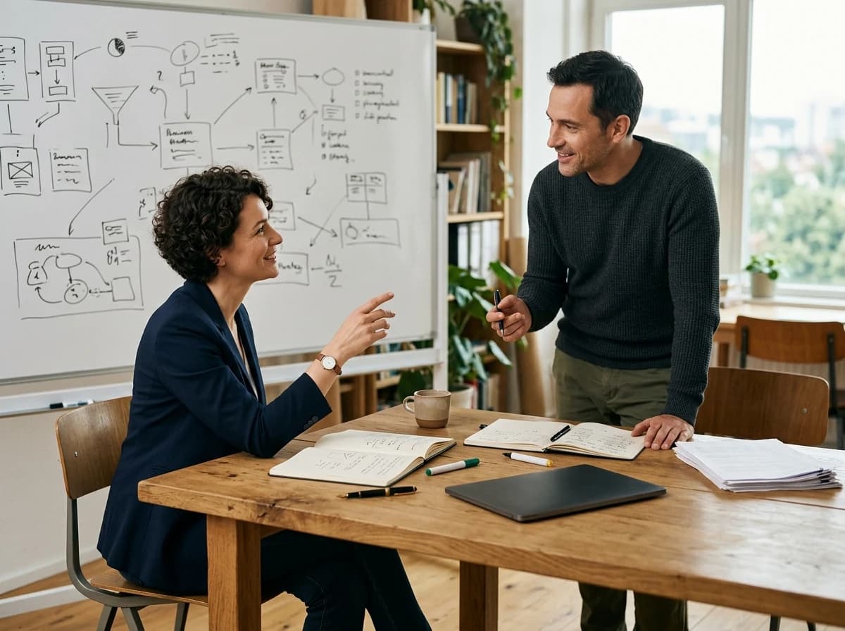 Two adults engaged in a focused discussion around a table with a shared whiteboard and physical notes.