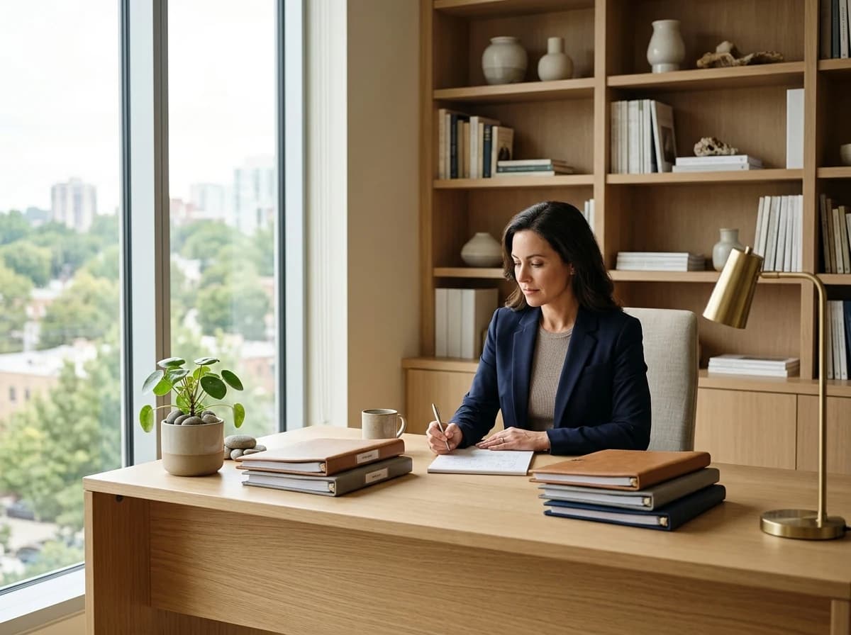 Modern, minimalist consulting office interior with a large window and a clean, uncluttered desk.