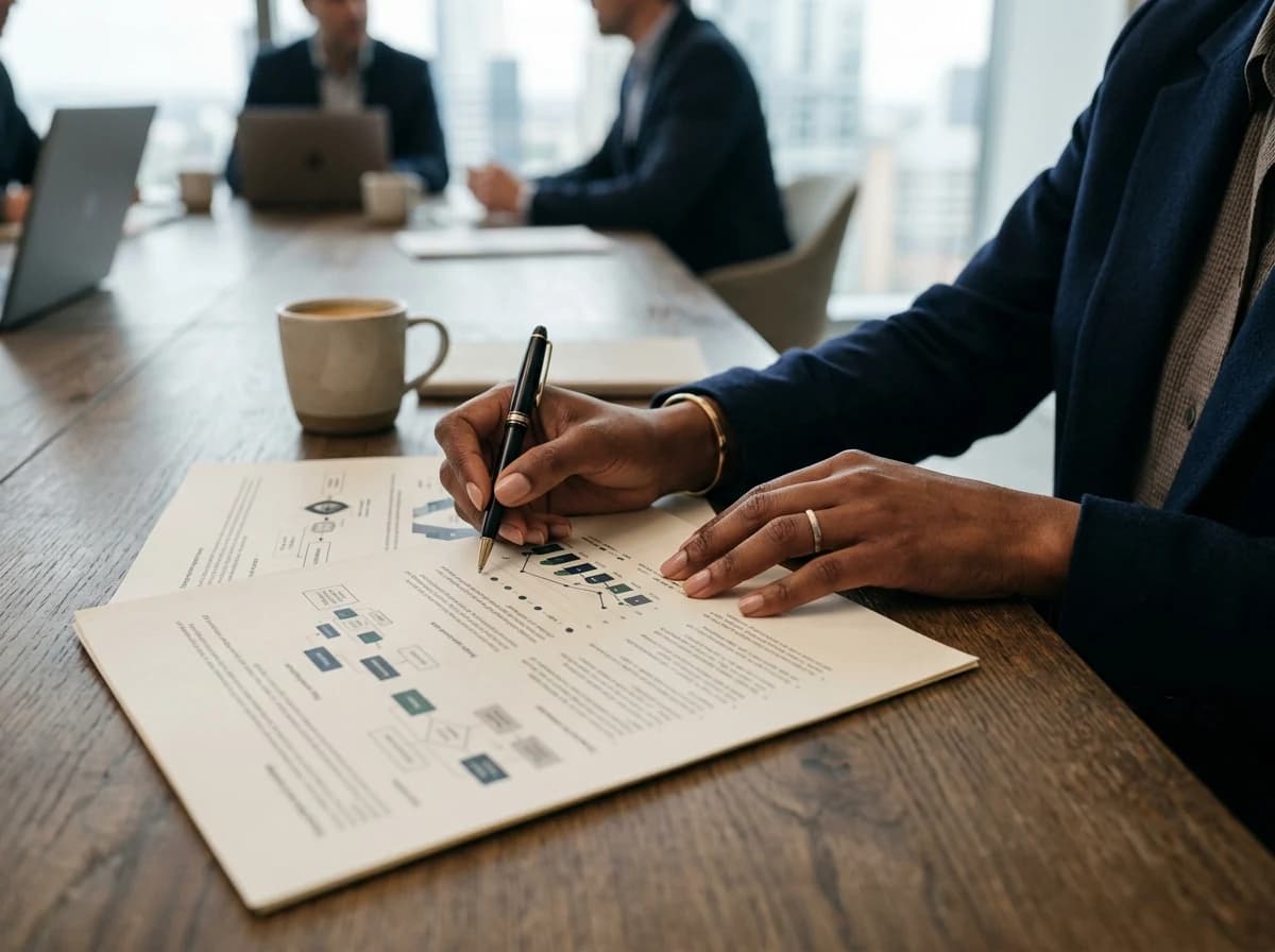 Close-up of a consultant's hands reviewing a physical strategy document with charts and diagrams.