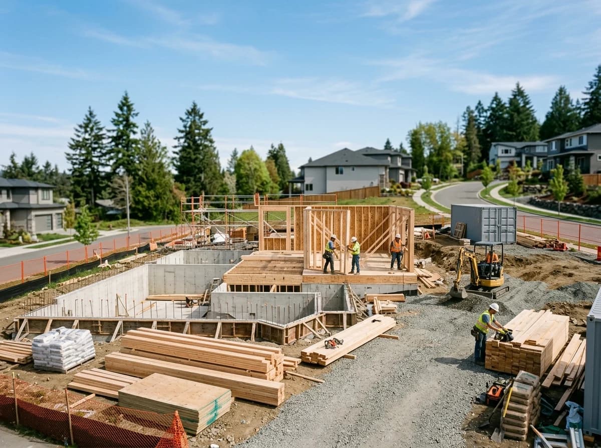 Overview of a clean, active residential construction site with foundational work and safety barriers.