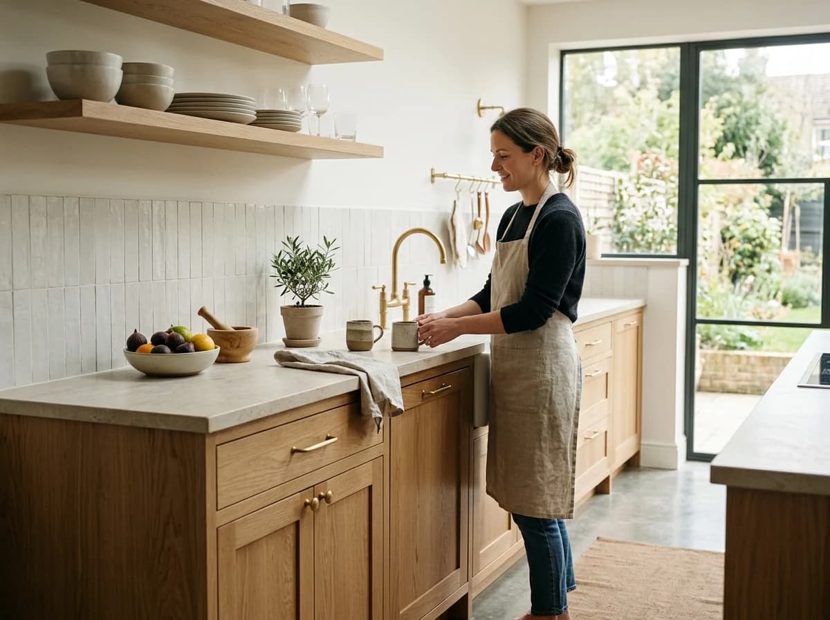 Completed kitchen renovation with oak lower cabinets, pale stone counters, brushed brass fittings and clean tile joints
