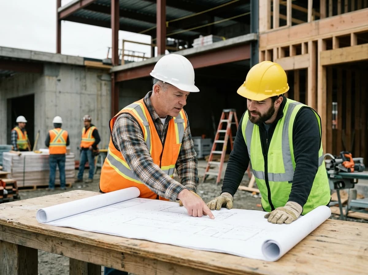 Two contractors, wearing hard hats, reviewing blueprints and discussing plans on a job site.