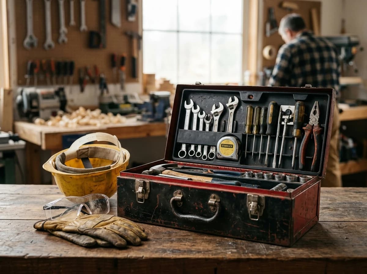 Close-up of a well-organized contractor's toolbox with various tools and personal protective equipment.