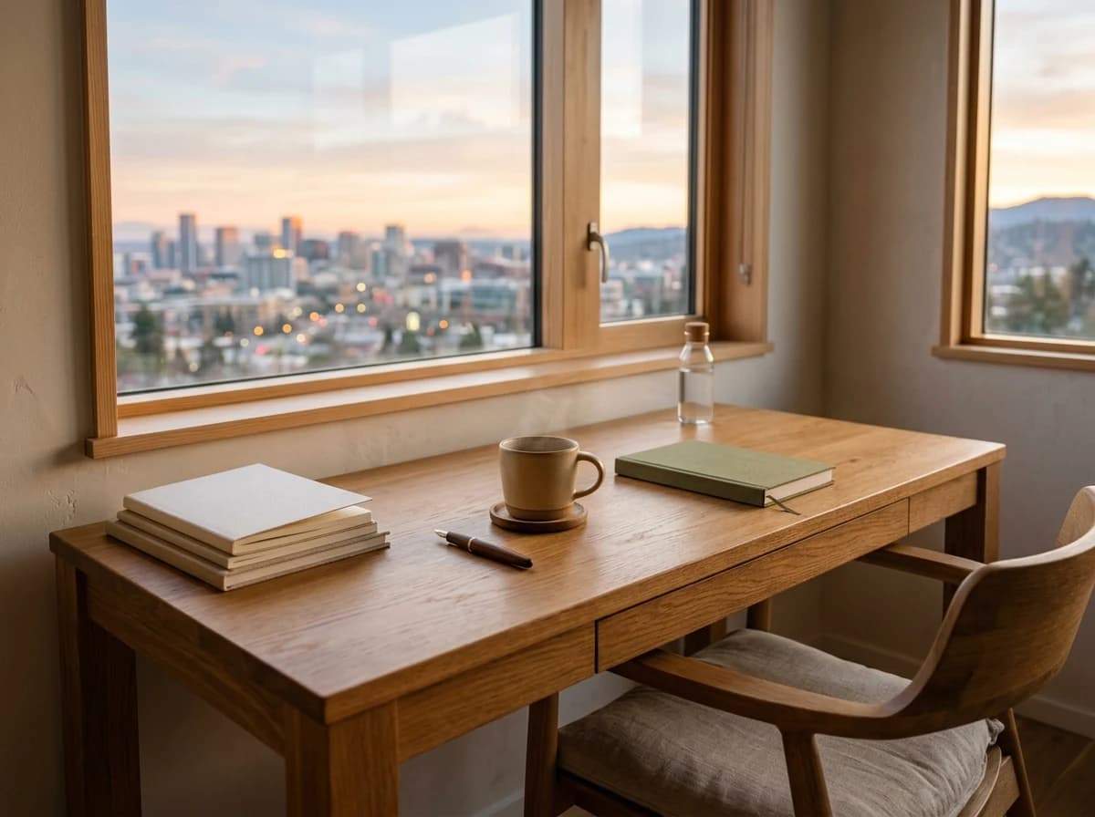 A minimalist, sunlit writer's desk with a notebook, pen, and coffee, overlooking a city skyline at sunrise.