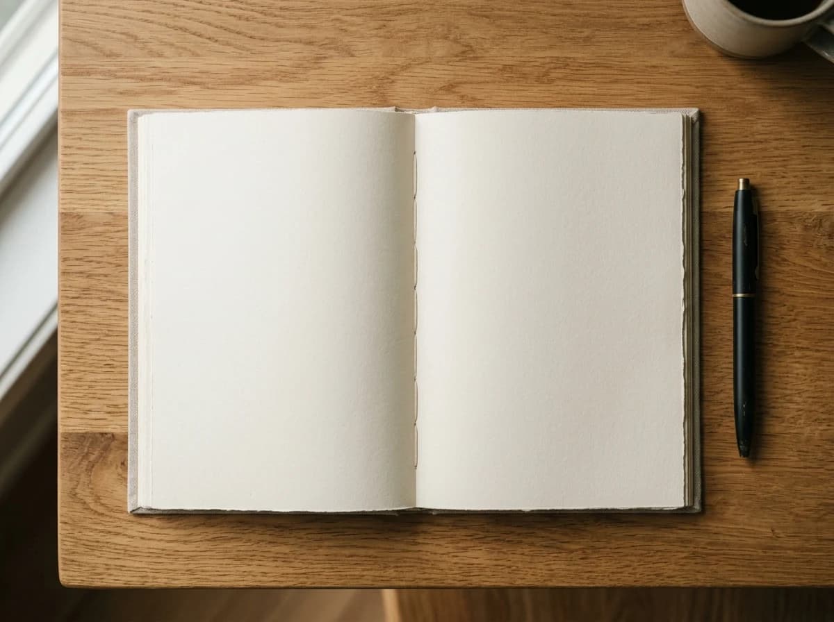 Close-up of a blank, open journal with a simple pen on a wooden desk, symbolizing personal reflection and growth.