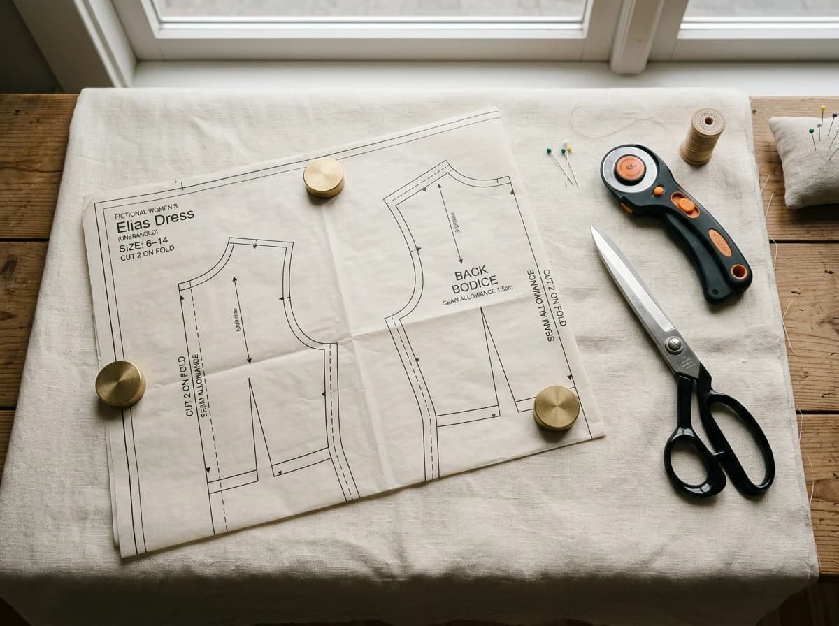 Open paper sewing pattern laid out on a clean fabric, with cutting tools nearby, ready for use.