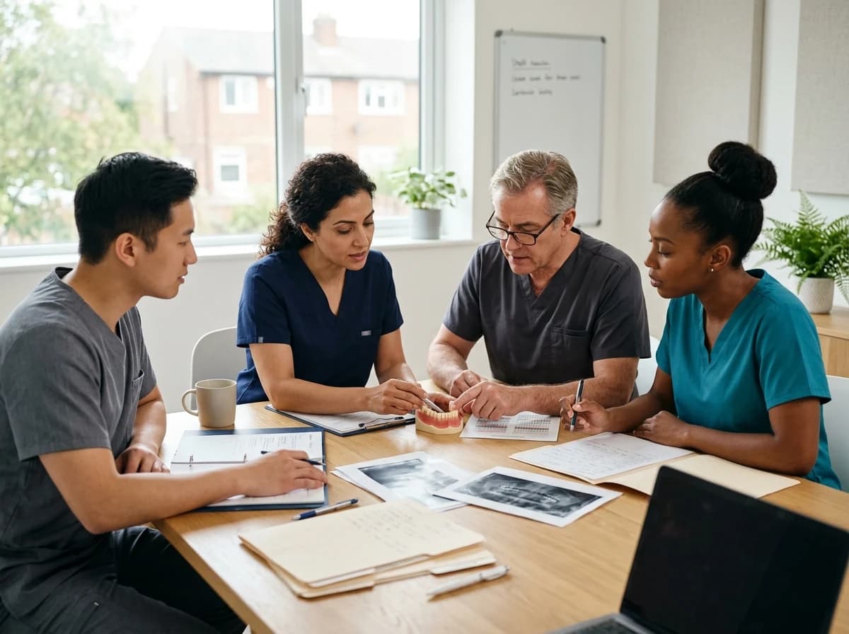 Professional dental team, including dentists and hygienists, discussing patient care in a modern meeting space.