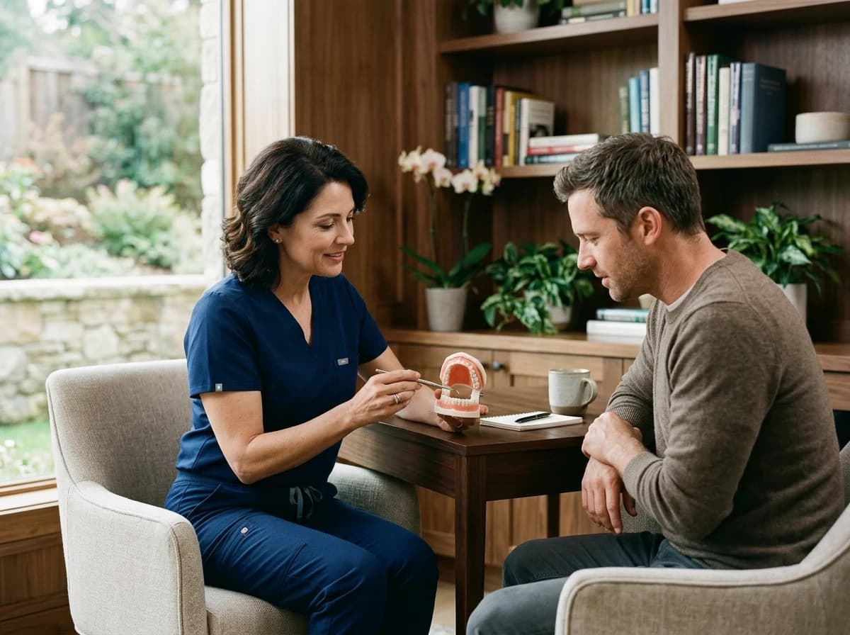 Dignified dentist in scrubs explaining a procedure to a calm adult patient in a consultation room.