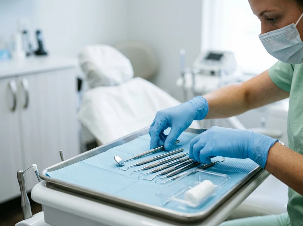 A hygienist carefully arranging sterilized dental tools on a tray, highlighting precision and hygiene.