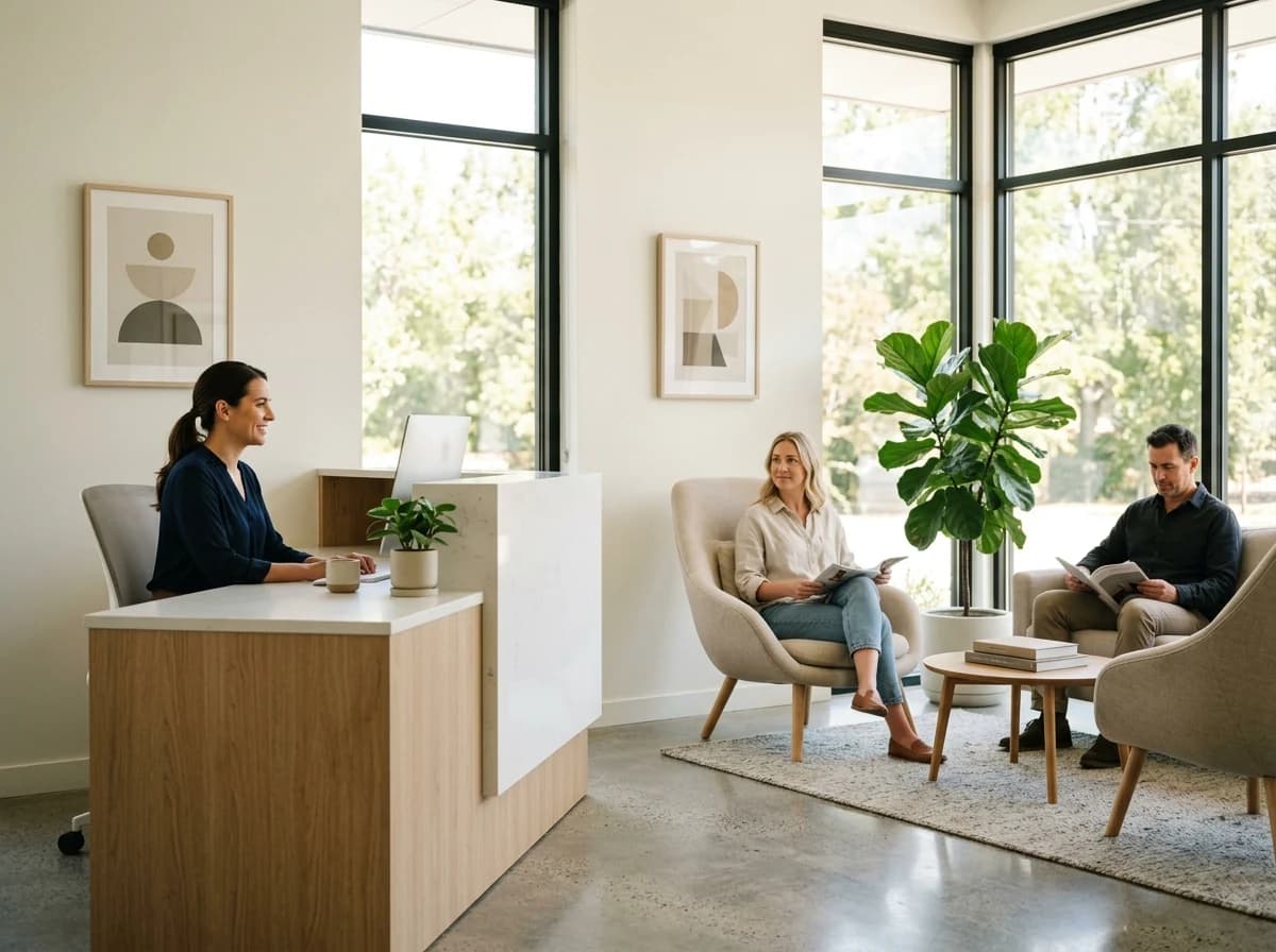Bright, clean, and welcoming modern dental reception area with comfortable seating and natural light.