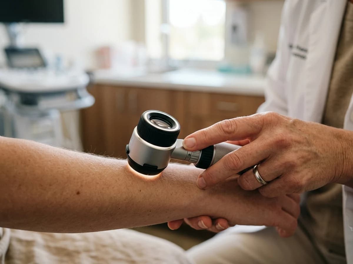Close-up of a dermatologist's hand using a specialized dermatoscope for skin examination.