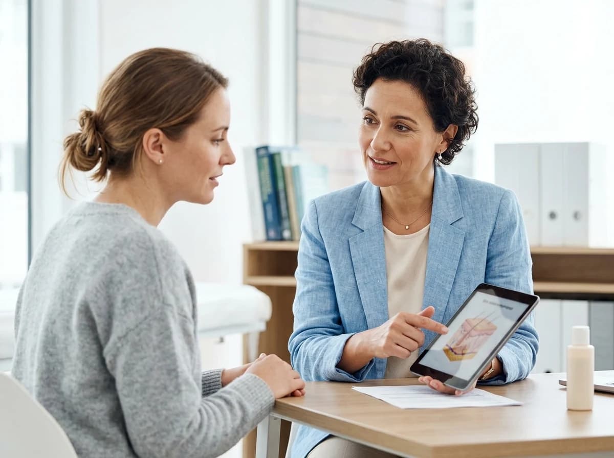 Dermatologist consulting with an adult patient in a professional, well-equipped examination room.