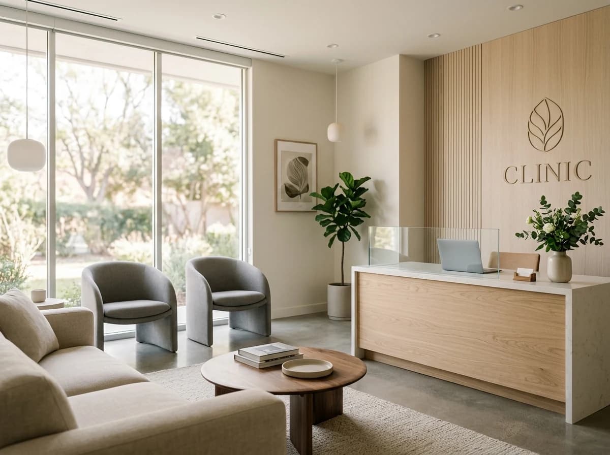 Modern and calming reception area of a dermatology clinic with clean lines and natural light.