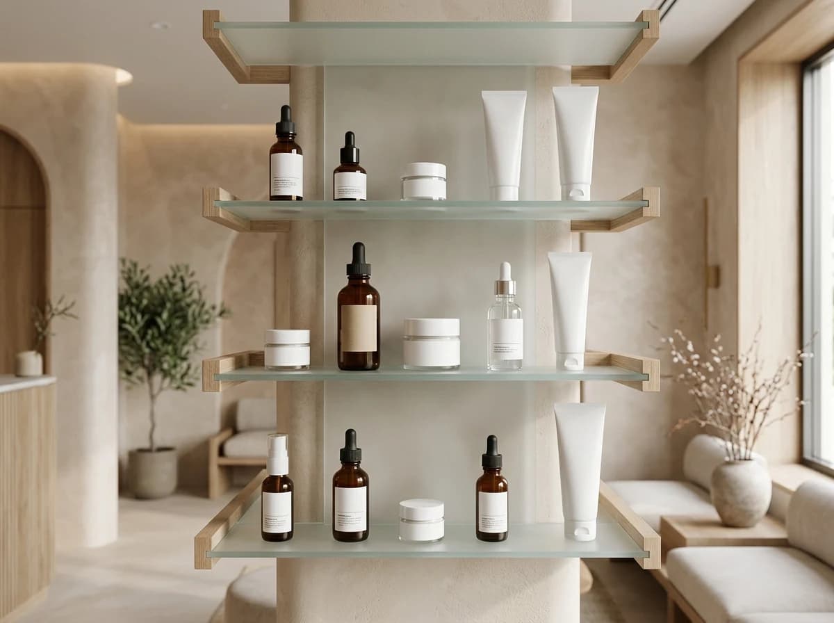 Elegant display of professional-grade skincare products in a dermatology clinic retail area.