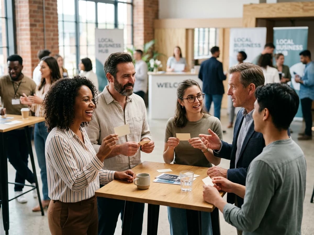 A diverse group of small business owners networking at a local community event.