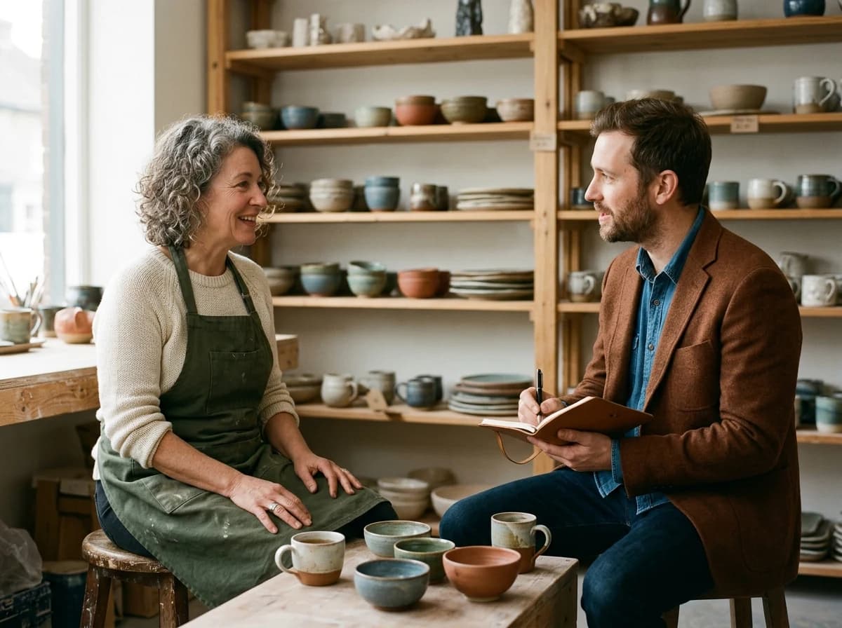 Local directory editor interviewing an adult ceramics shop owner beside shelves of handmade bowls and a pocket notebook