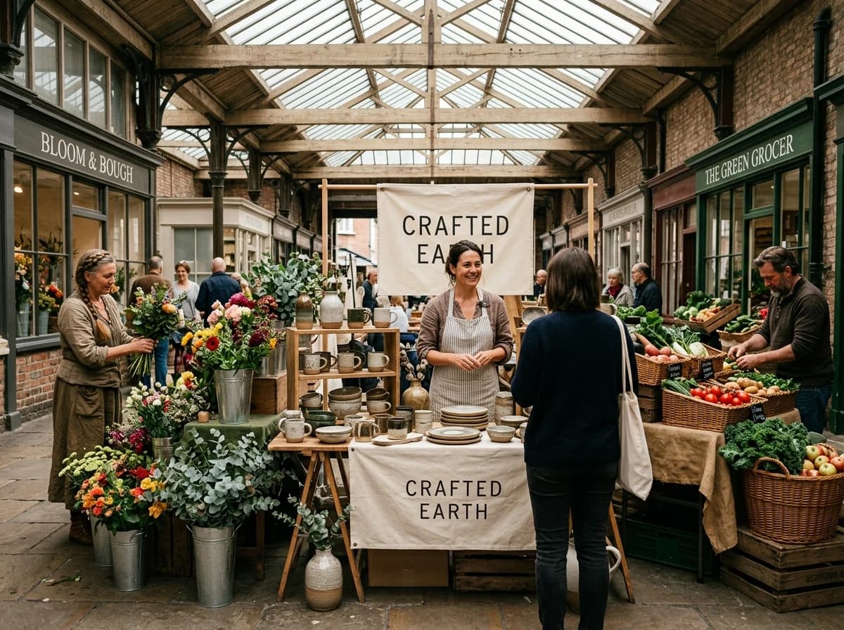 Independent craft market with separate ceramic, flower and produce stalls and fictional adult shopkeepers in a bright covered arcade