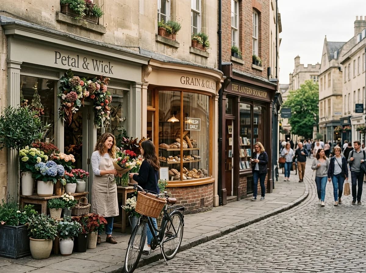 Lively pedestrian neighborhood with a flower shop, bakery window and independent bookshop, inviting frontage without readable signage