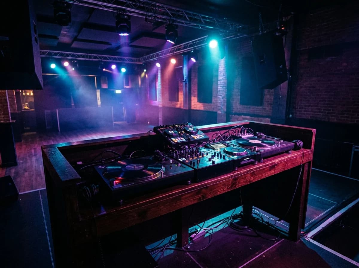 Dynamic DJ booth setup in a dimly lit club with colorful stage lights.